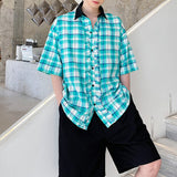 Men's Fungus Lace Blue Check Loose Short Sleeve Shirt