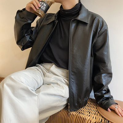 Men's Short PU Leather Motorcycle Jacket, Casual Biker Coat, Faux Leather Moto Jacket
