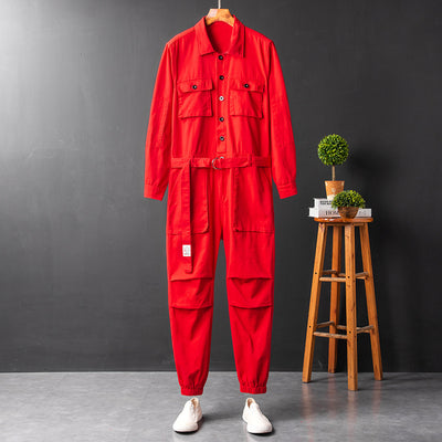 Men's Fashion Casual Long Sleeve Jumpsuits Button-Front Work Coverall with Multi Pockets