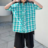 Men's Fungus Lace Blue Check Loose Short Sleeve Shirt