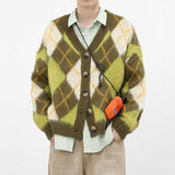 Men Green Rhombus Long Sleeve Short Knit Cardigan