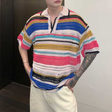Multicolored Cutout Lapel Striped Polo T-Shirt