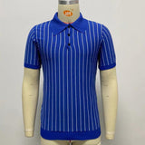 Mens Business Slim Fit Blue Stripe Short Sleeves Lapel Polo Knit Top