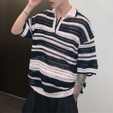 Multicolored Cutout Lapel Striped Polo T-Shirt