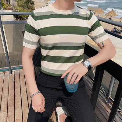 Men's Summer Slim Knit Contrast Stripe T-Shirt