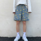 Summer Casual Loose Daisy Print Straight Denim Shorts