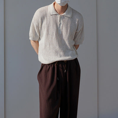 Men's Knit Short Sleeve Polo Shirt Vintage Solid T-Shirt