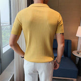 Men's Business British Striped Knitted Polo Shirt V Lapel Short-sleeved Slim Fit T-shirt