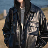 Japanese Fake Two-piece Stitching Hooded Thickened PU Leather Jacket