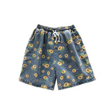 Summer Casual Loose Daisy Print Straight Denim Shorts