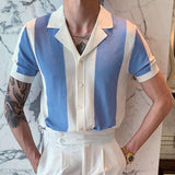Men Business Summer Stitching Contrast Color Shirt Collar Knitted Top