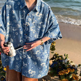Men's Vintage Flower Print Washed Denim Short Sleeve Shirt