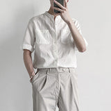 Men's Stand Collar Half Sleeve Cotton Linen Shirt White Work Shirts