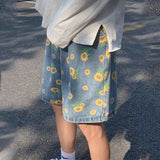 Summer Casual Loose Daisy Print Straight Denim Shorts
