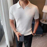 Men's Business British Striped Knitted Polo Shirt V Lapel Short-sleeved Slim Fit T-shirt