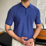 Mens Business Slim Fit Blue Stripe Short Sleeves Lapel Polo Knit Top