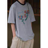 Floral Loose Crew Neck Cotton Short Sleeve T-Shirt
