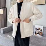 Retro Casual Simple Collarless Long Sleeve Zipper Corduroy Cargo Jacket