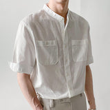 Men's Stand Collar Half Sleeve Cotton Linen Shirt White Work Shirts