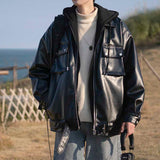 Japanese Fake Two-piece Stitching Hooded Thickened PU Leather Jacket