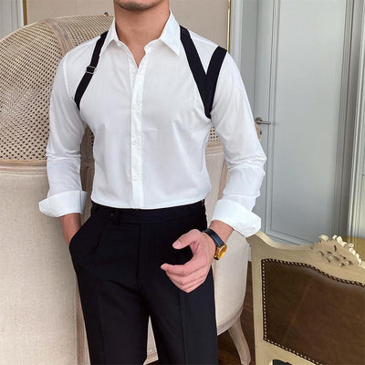 Men Business Casual Contrasting Color Suspenders Long Sleeve Shirts