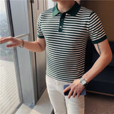 Men's Short Sleeve Polo Stripe Slim Fit Knit T-Shirt