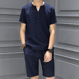 Men's Summer Casual Solid Color Short Sleeve T-shirt And Shorts Suit