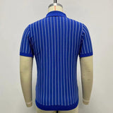 Mens Business Slim Fit Blue Stripe Short Sleeves Lapel Polo Knit Top