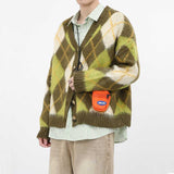Men Green Rhombus Long Sleeve Short Knit Cardigan