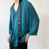 Men's Casual Pleated Tie Decorative V-neck Three-quarter Sleeves Shirt