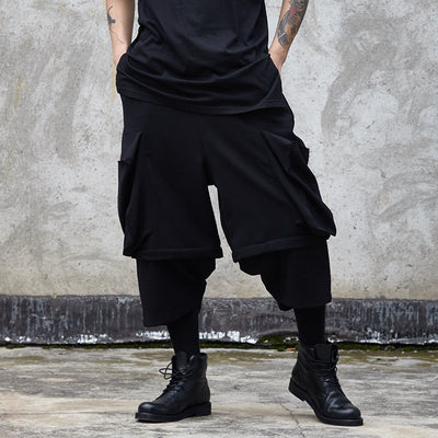 Men's Big Pocket Cargo Pants, Dark Casual Fake Two-Piece Trousers, Streetwear Techwear Style