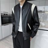 Men's Black and White Stitching Contrast Color Leather Jacket