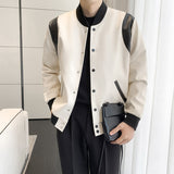 Men's Black and White Stitching Contrast Color Leather Jacket