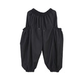 Casual Dark Mid Rise Large Pockets Loose Harem Pants