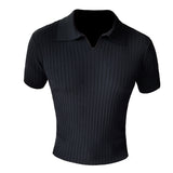 Men's Business British Striped Knitted Polo Shirt V Lapel Short-sleeved Slim Fit T-shirt