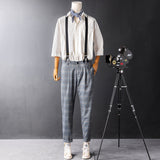 Men's Retro Gray Plaid Pants With Y-Back Removable Suspenders