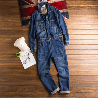 Men's Fashion Casual Long Sleeve Denim Jumpsuits Wash Blue Coveralls With Pocket