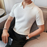 Men's Business British Striped Knitted Polo Shirt V Lapel Short-sleeved Slim Fit T-shirt