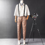 Men's British Casual Khaki Plaid Pants With Y-Back Removable Suspenders
