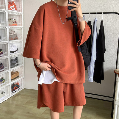 Men Summer Sports Casual Waffle Short Sleeve Top And Shorts Suit