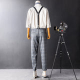 Men's Retro Gray Plaid Pants With Y-Back Removable Suspenders