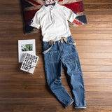 Men's Vintage Casual Striped Denim Pants With Y-Back Removable Suspenders
