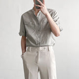 Men's Stand Collar Half Sleeve Cotton Linen Shirt White Work Shirts