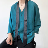 Men's Casual Pleated Tie Decorative V-neck Three-quarter Sleeves Shirt