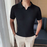 Men's Business British Striped Knitted Polo Shirt V Lapel Short-sleeved Slim Fit T-shirt