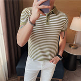 Men's Short Sleeve Polo Stripe Slim Fit Knit T-Shirt