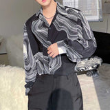 Men's Black and White Abstract Irregular Print Contrast Color Long Sleeve Shirt