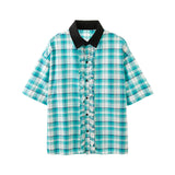 Men's Fungus Lace Blue Check Loose Short Sleeve Shirt
