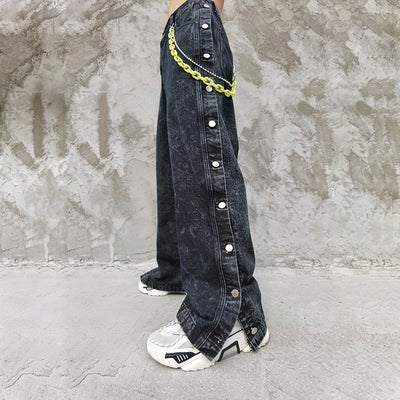 Men's Vintage Hip Hop Side Button Loose Wash Green Jeans