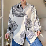 Men's Black and White Abstract Irregular Print Contrast Color Long Sleeve Shirt